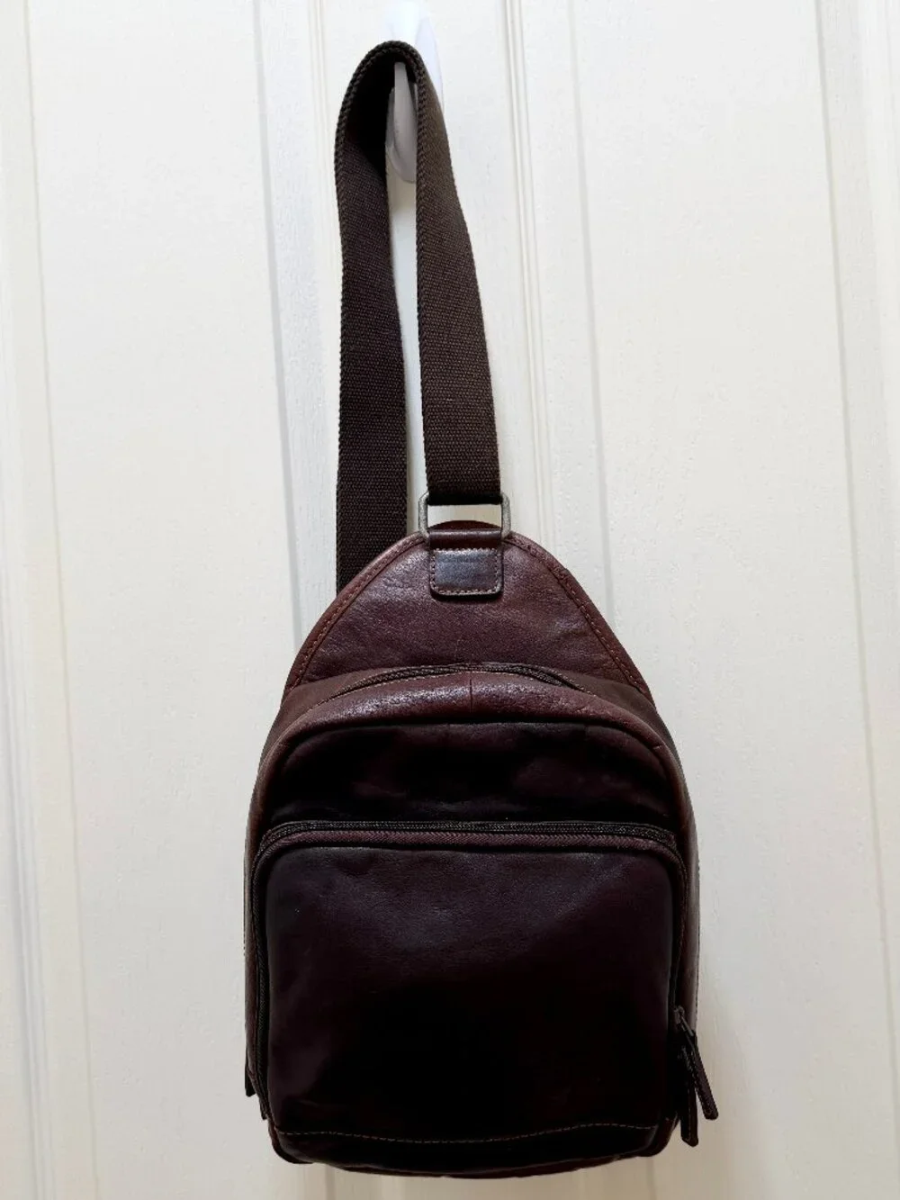 Jack Georges Leather Crossbody Backpack Brown Zip Closure Adjustable Strap Boho